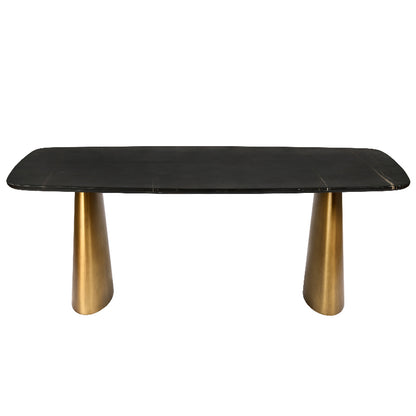 Black rectangular table with gold legs on a white background