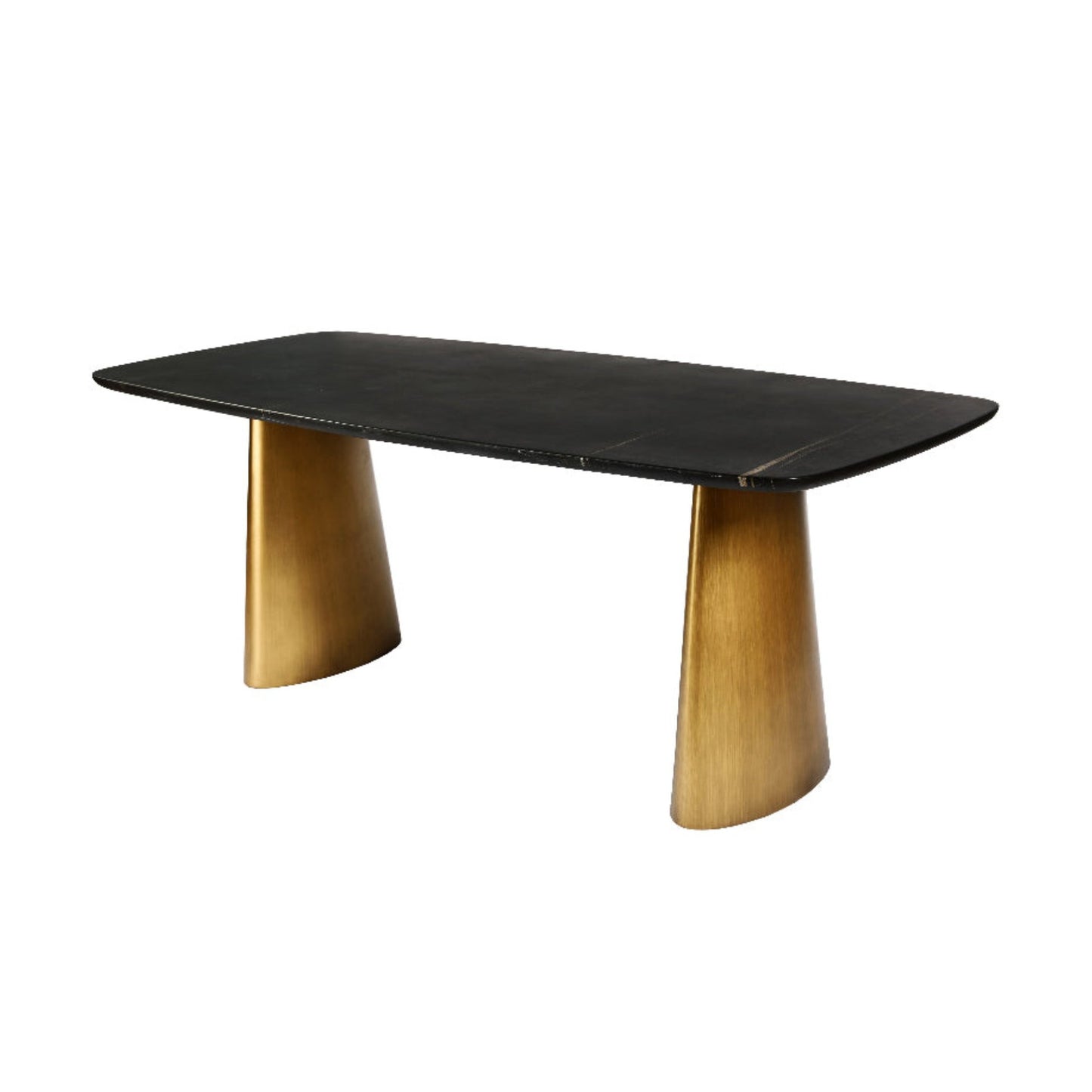 Black dining table with gold legs on a white background