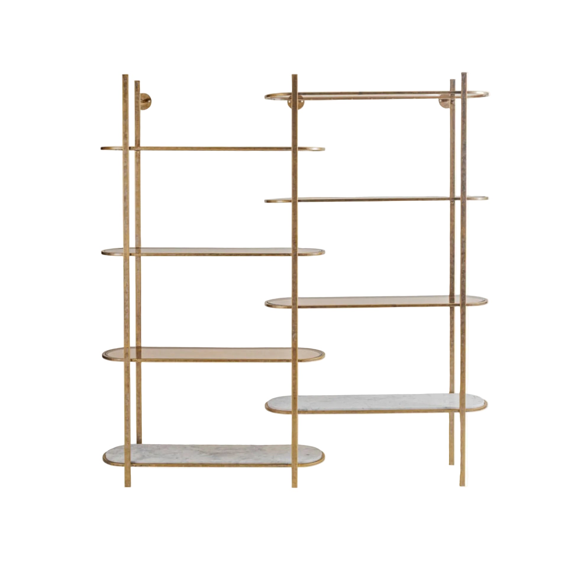 Gold metal shelf with marble shelves on a white background