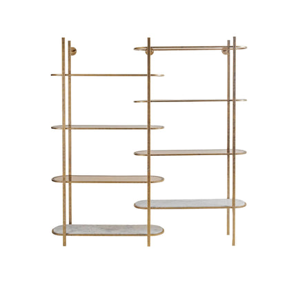Gold metal shelf with marble shelves on a white background