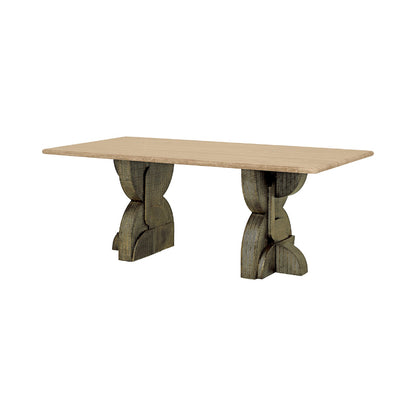 Wooden dining table with unique base design on a white background