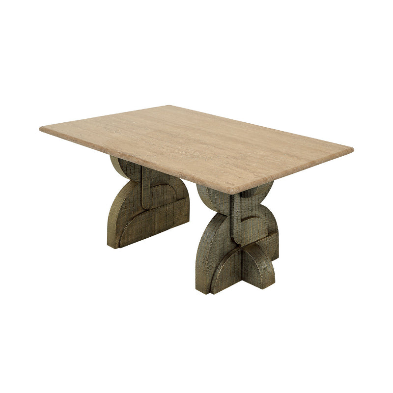 Wooden table with unique geometric legs on a white background