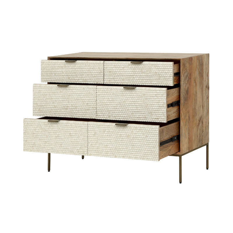 Wooden dresser with woven drawer fronts on a white background