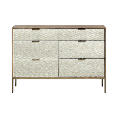 Dresser with textured front panels and gold accents on a white background