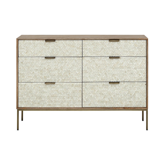 Dresser with textured front panels and gold accents on a white background