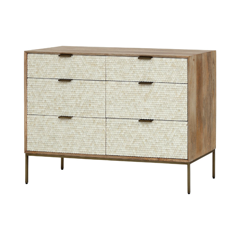 Wooden dresser with white textured drawers and bronze handles on a white background