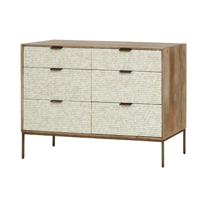 Wooden dresser with white textured drawers and bronze handles on a white background
