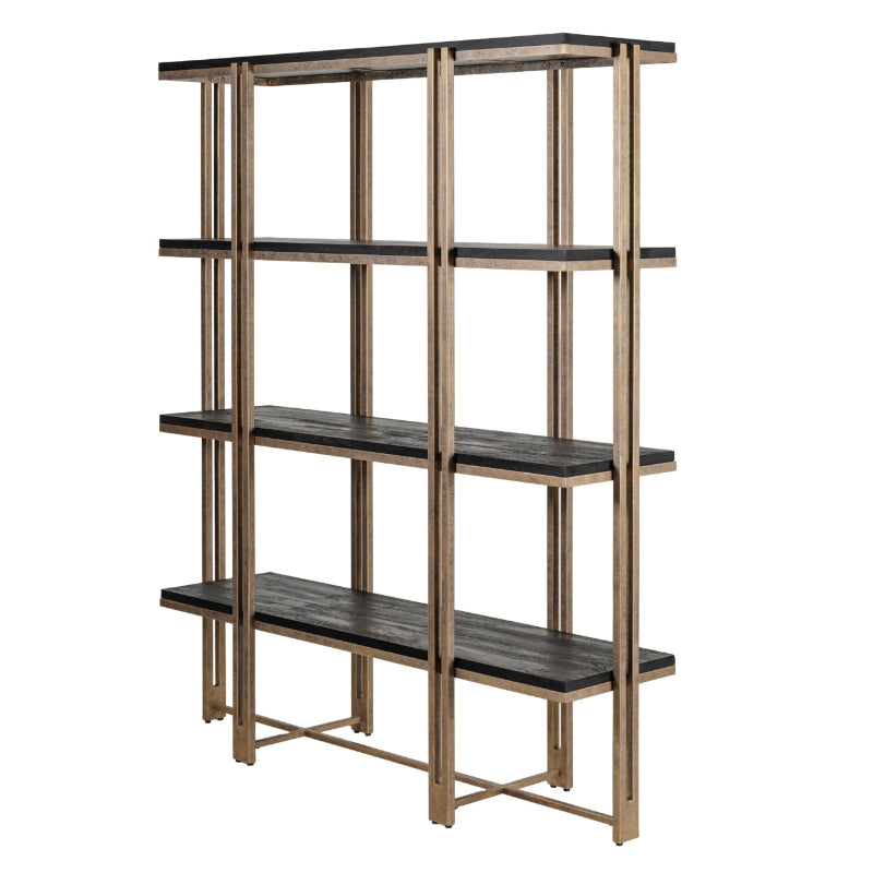 Bookshelf with wooden shelves and metal frame on a white background