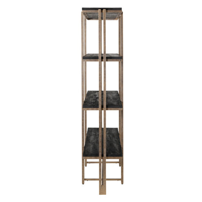 Tall metal shelf with black leather-like accents on a white background