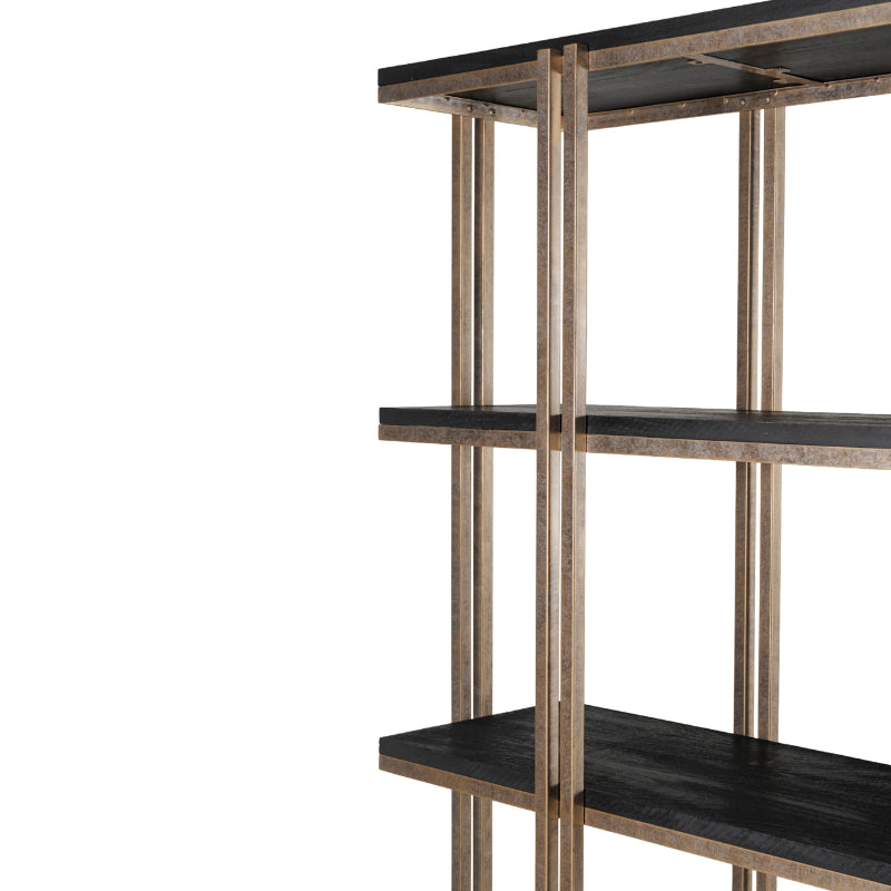 Bookshelf with black shelves and metallic frame on a white background