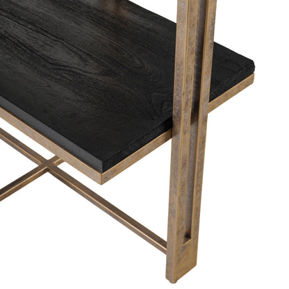 Shelving unit with black shelf and gold metal frame on a white background