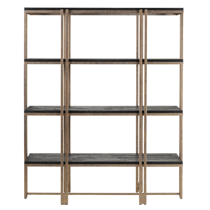 Bookshelf with metal frame and wooden shelves on a white background