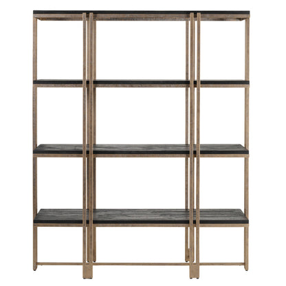 Bookshelf with metal frame and wooden shelves on a white background