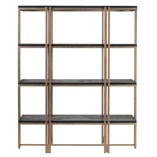 Bookshelf with metal frame and wooden shelves on a white background