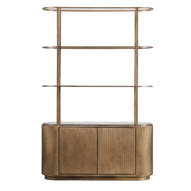 Bronze-colored bookshelf with three shelves on a white background