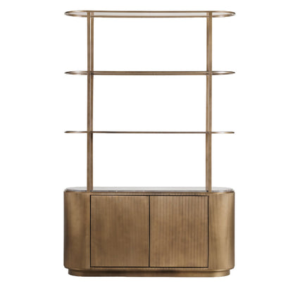 Bronze-colored bookshelf with three shelves on a white background
