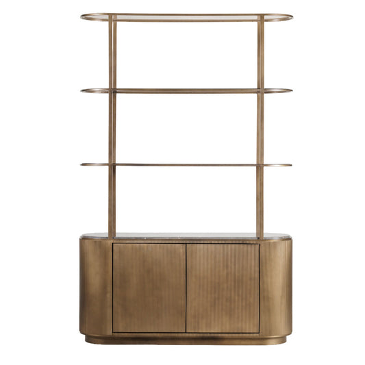 Bronze-colored bookshelf with three shelves on a white background