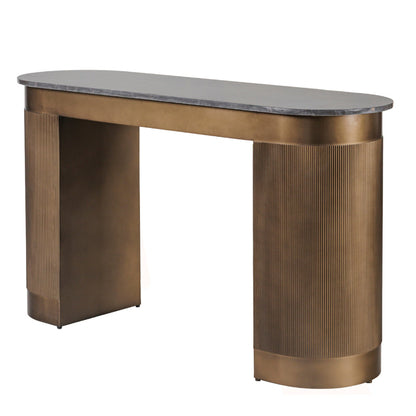 Desk with gold base and brown marble top on a white background