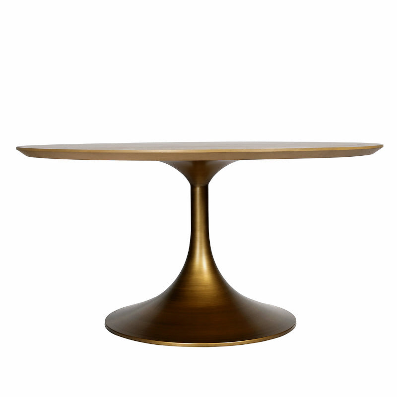 Round table with a gold pedestal base on a white background