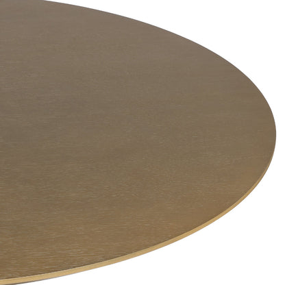 Round wooden table top with a brown finish on a white background