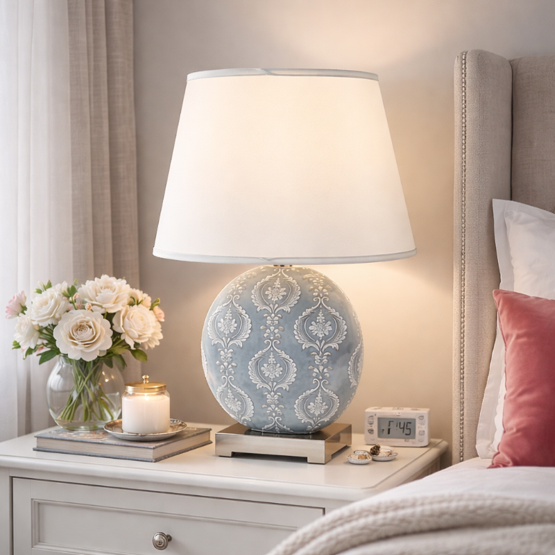 Decorative lamp on a nightstand with flowers and alarm clock in a bedroom setting