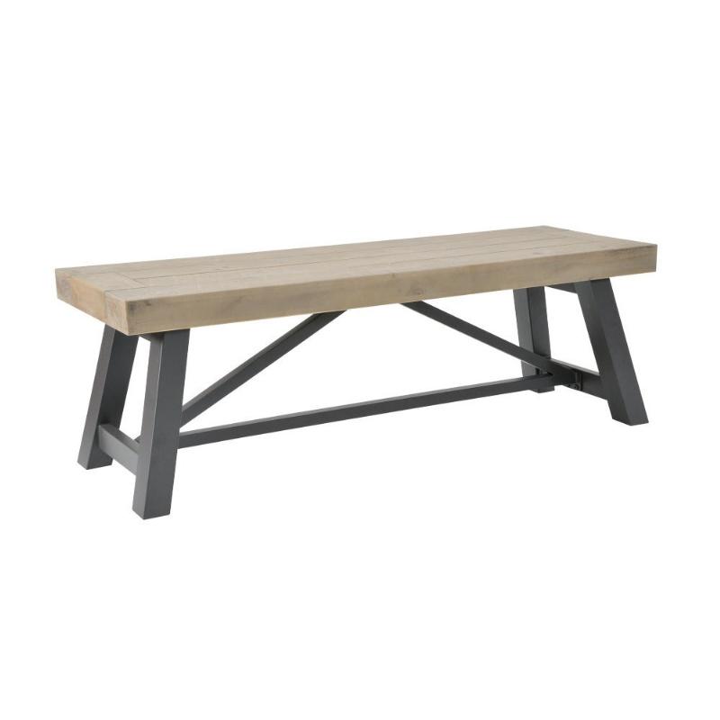A rustic wooden bench with a light beige wood plank seat and a dark gray metal A-frame base, shown against a plain white background.
