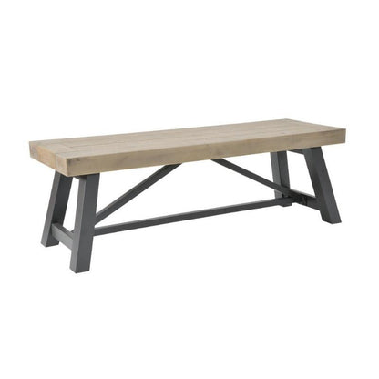 A rustic wooden bench with a light beige wood plank seat and a dark gray metal A-frame base, shown against a plain white background.