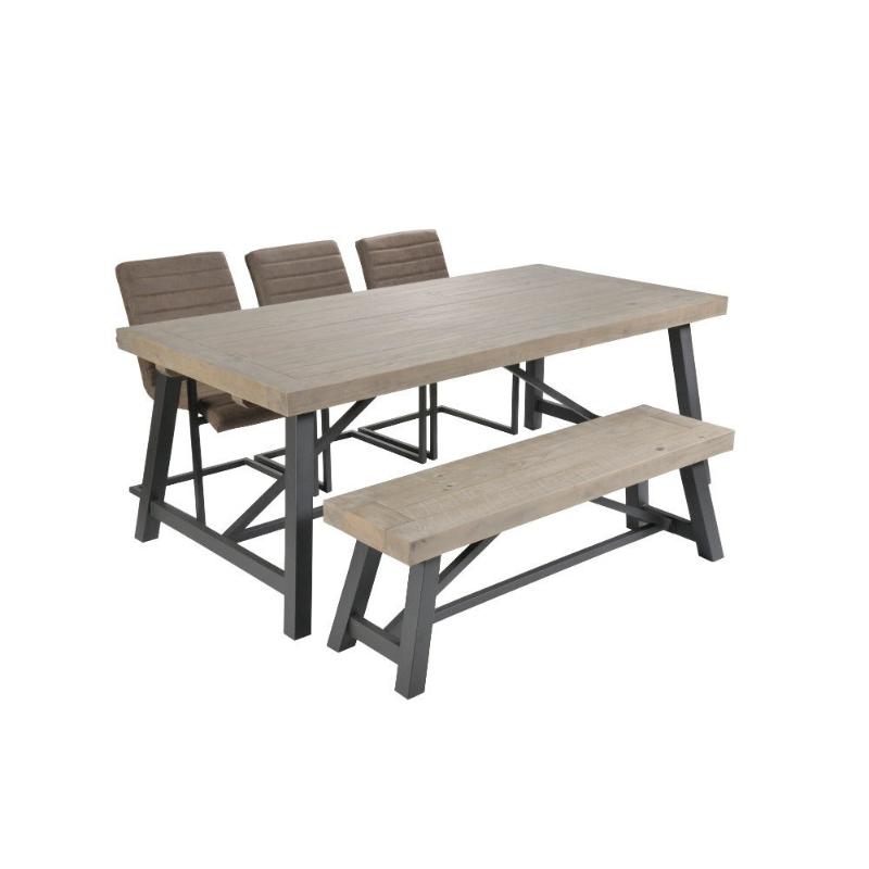 A rustic dining set featuring a rectangular table with a light gray wood-grain top and dark gray metal legs, accompanied by two matching bench seats and three upholstered chairs with brown cushions, all set against a plain white background.