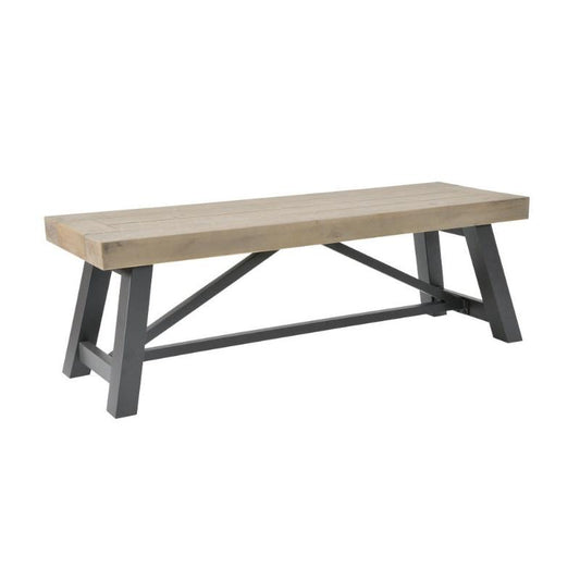 A rustic wooden bench with a light beige wood plank seat and a dark gray metal A-frame base, shown against a plain white background.