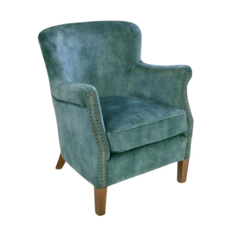 A teal blue-green velvet armchair with rolled arms, nailhead trim, and light brown wooden legs, shown against a plain white background.