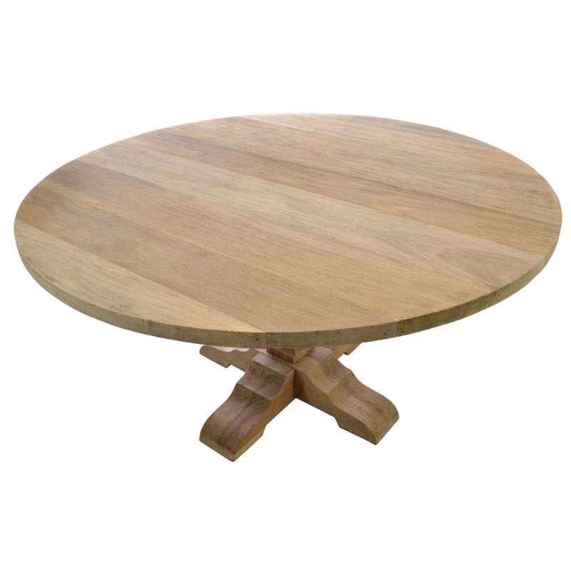 Round wooden dining table with a natural light brown wood finish and a carved four-leg pedestal base, shown on a plain white background.