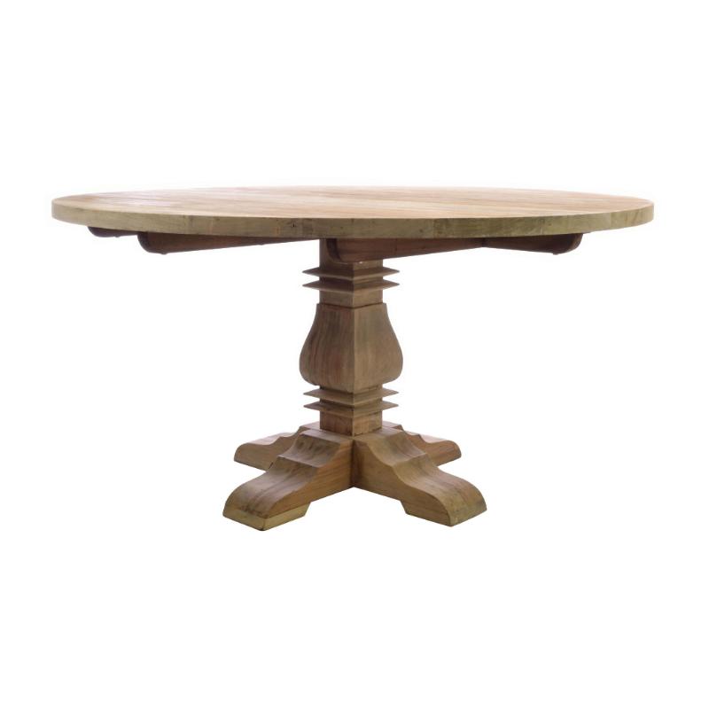 A round wooden dining table with a natural light wood top and a carved pedestal base with four feet, shown on a plain white background.