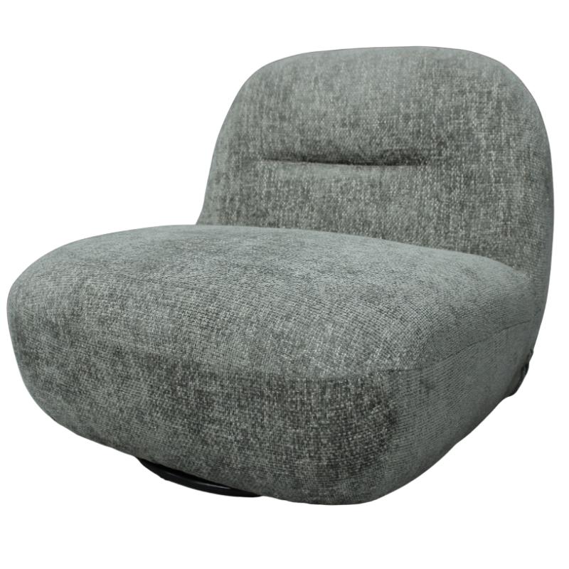A modern low-profile swivel armchair upholstered in textured olive fabric, shown against a plain white background.