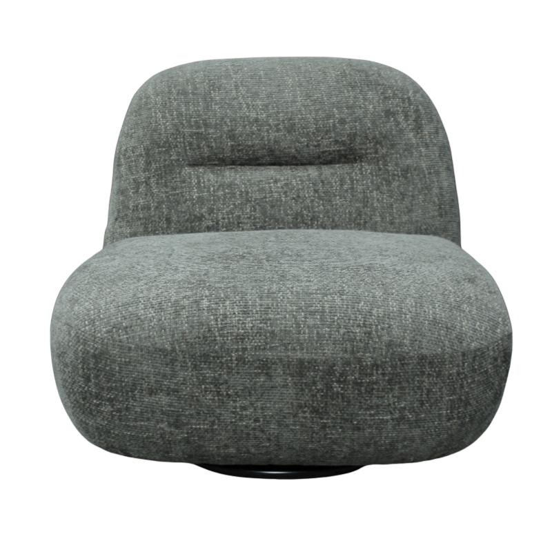 A modern low-profile swivel armchair upholstered in textured olive fabric, shown from a front-facing perspective on a solid white background.