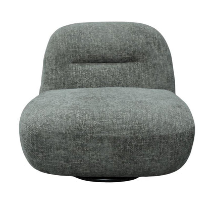 A modern low-profile swivel armchair upholstered in textured olive fabric, shown from a front-facing perspective on a solid white background.