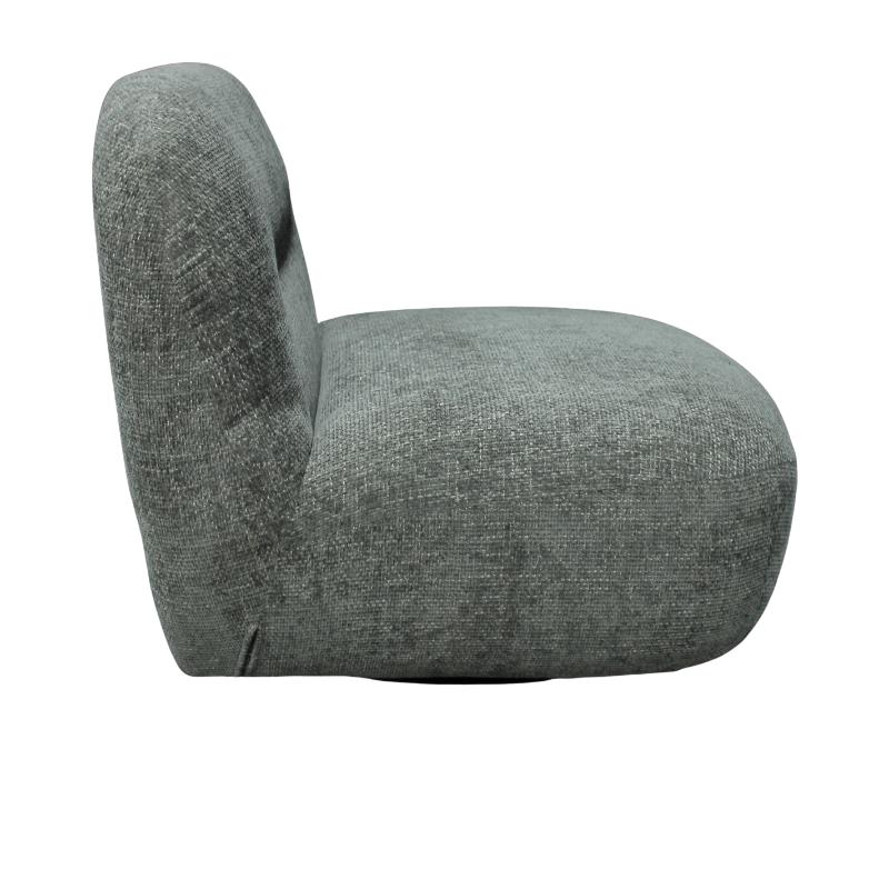 A low-profile, rounded corner accent chair upholstered in textured olive fabric, shown from a side profile view against a plain white background.
