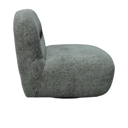 A low-profile, rounded corner accent chair upholstered in textured olive fabric, shown from a side profile view against a plain white background.