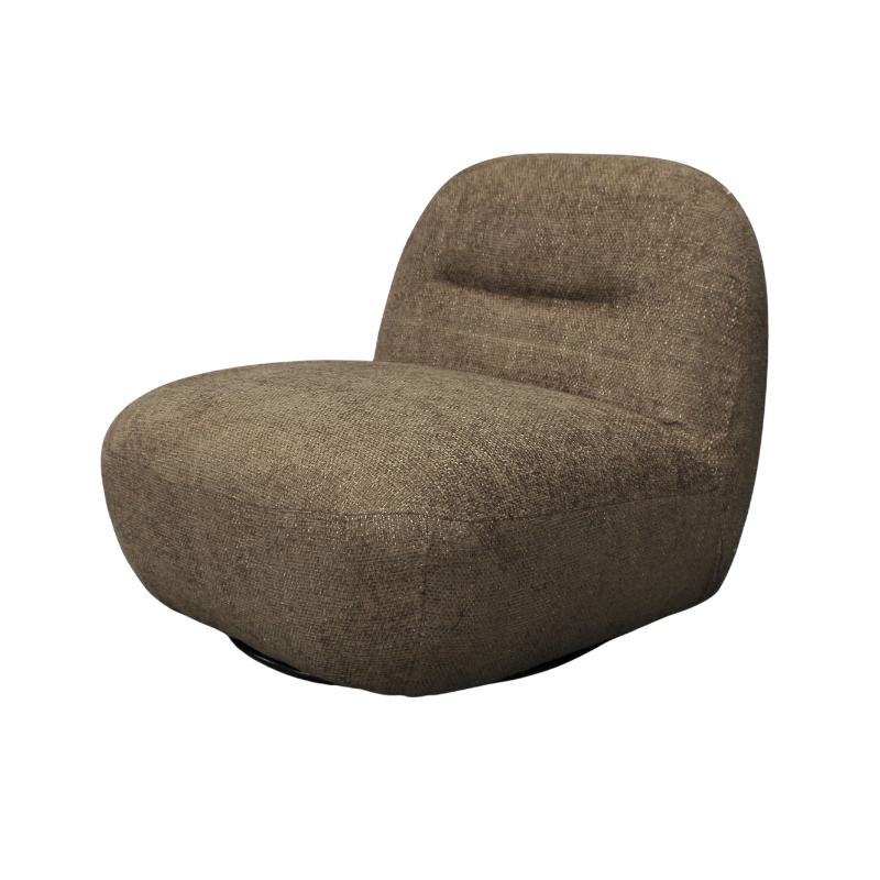 A modern low-profile swivel lounge chair upholstered in a textured brown fabric, shown against a plain white background.