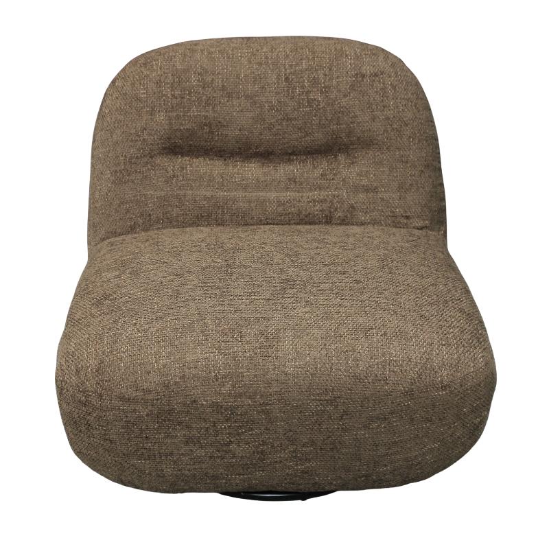 A low-profile upholstered swivel chair with a rounded backrest and thick seat cushion, covered in a textured brown fabric, shown against a plain white background.