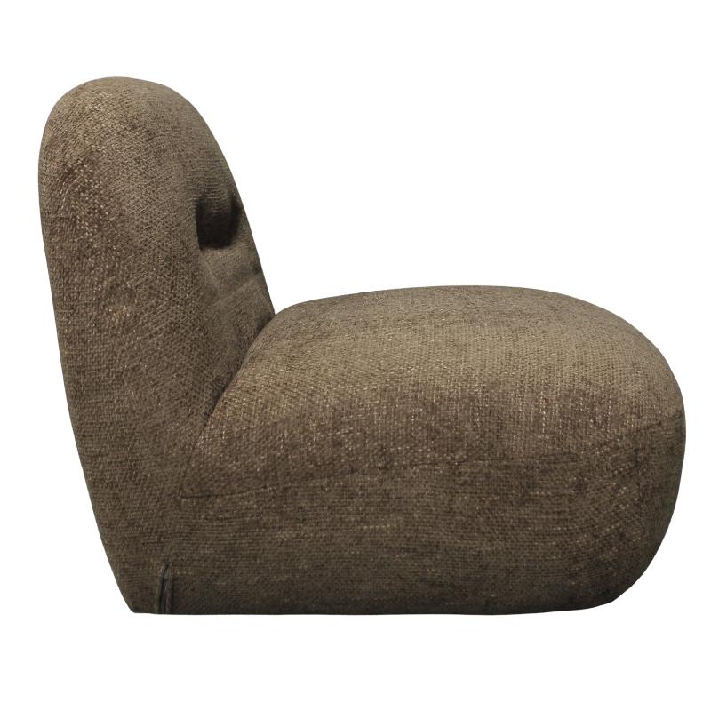 A modern low-profile armchair with a rounded, organic silhouette and a tufted button detail on the backrest, upholstered in a textured brown woven fabric, shown against a plain white background.