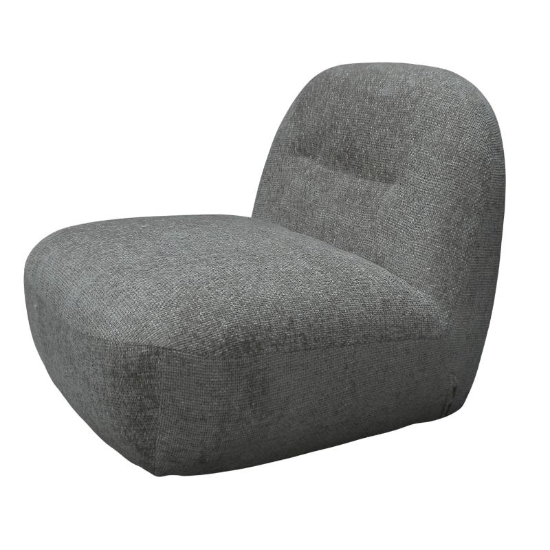 A modern low-profile lounge chair upholstered in a textured gray fabric, shown from a three-quarters angle on a plain white background.