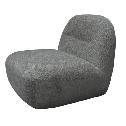 A modern low-profile lounge chair upholstered in a textured gray fabric, shown from a three-quarters angle on a plain white background.