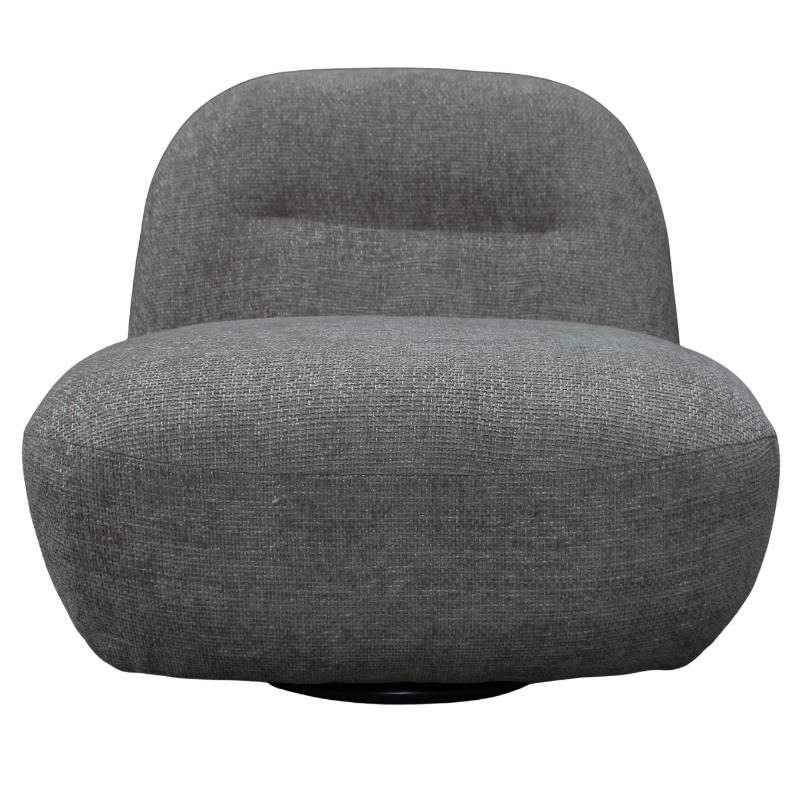 A modern low-profile swivel armchair upholstered in textured gray fabric, shown from a front-facing perspective against a plain white background.