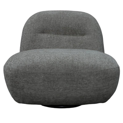 A modern low-profile swivel armchair upholstered in textured gray fabric, shown from a front-facing perspective against a plain white background.