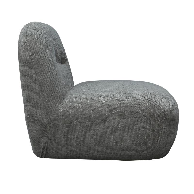 A modern low-profile accent chair upholstered in a textured gray fabric, featuring a rounded backrest and a thick seat cushion, shown against a plain white background.