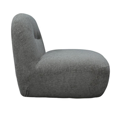 A modern low-profile accent chair upholstered in a textured gray fabric, featuring a rounded backrest and a thick seat cushion, shown against a plain white background.