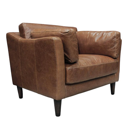 A brown leather armchair with dark wooden legs, shown from a three-quarter angle against a plain white background.