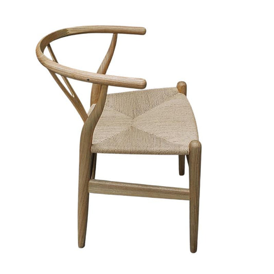 A light natural wood chair with a woven rope seat, shown from a three-quarters angle against a plain white background.