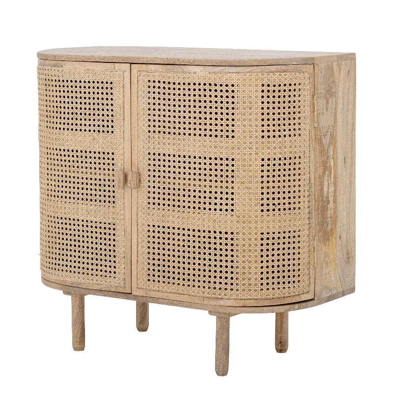 Wooden cabinet with wicker doors on a white background