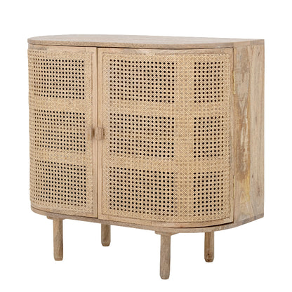 Wooden cabinet with wicker doors on a white background